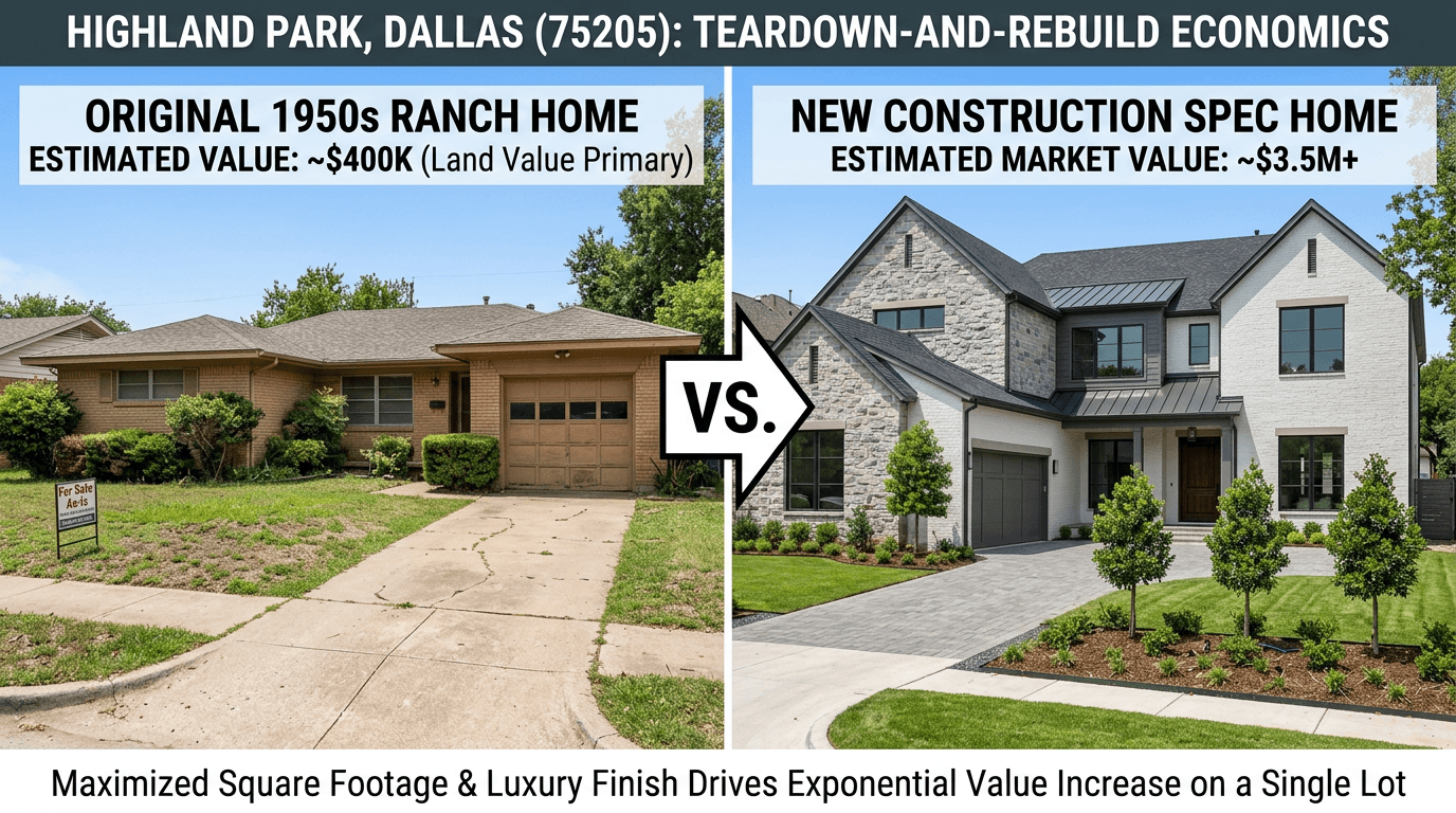 The Economics of Dallas Teardowns: Why Highland Park (75205) is Trading at Land-Only Premiums