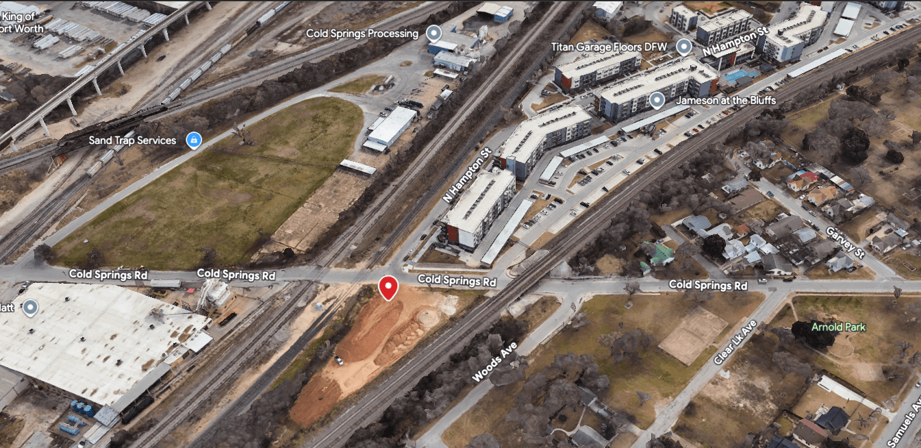 Aerial flyover view of 1205 Cold Springs Rd showing surrounding development and property boundaries