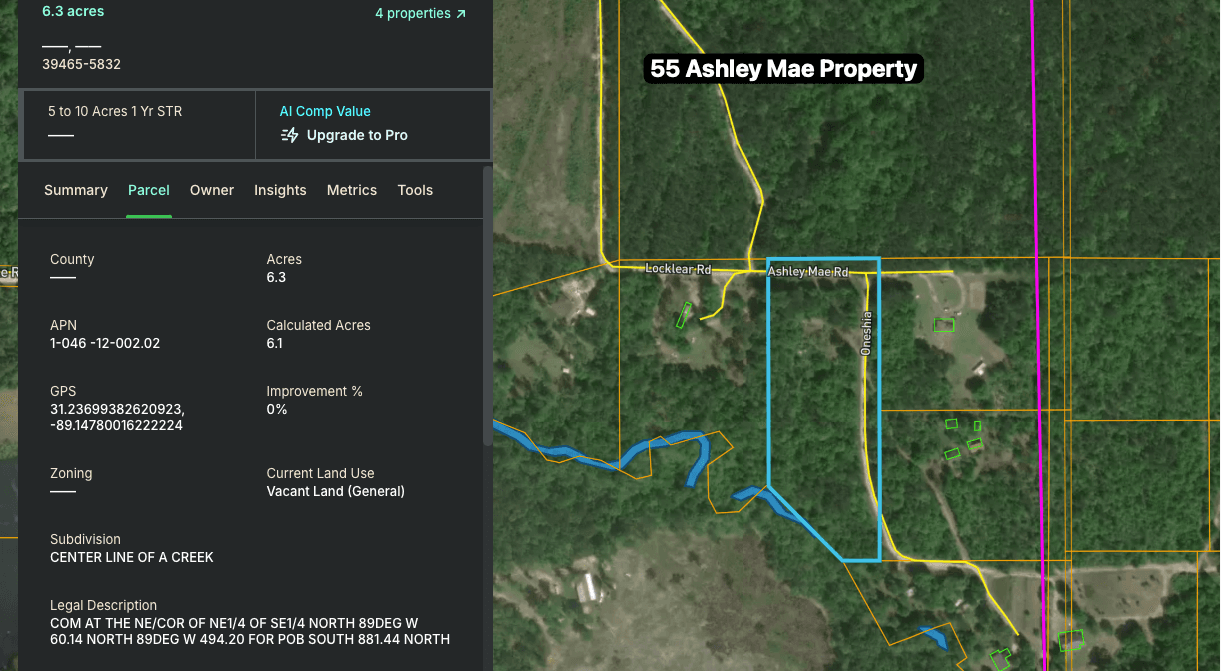 Land Insights detailed parcel analysis for 55 Ashley Mae Rd showing property boundaries and features