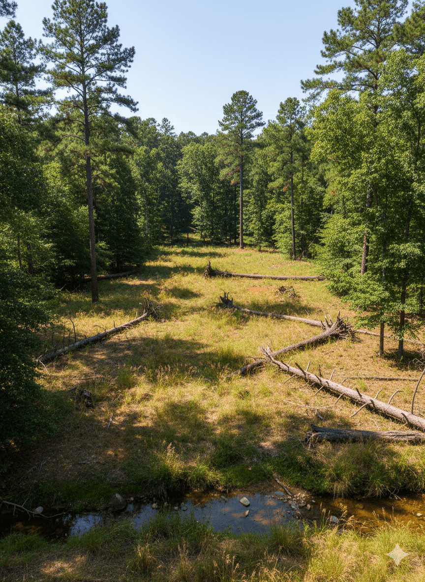 Southern creek view of 55 Ashley Mae Rd showing Reese Creek and natural boundaries