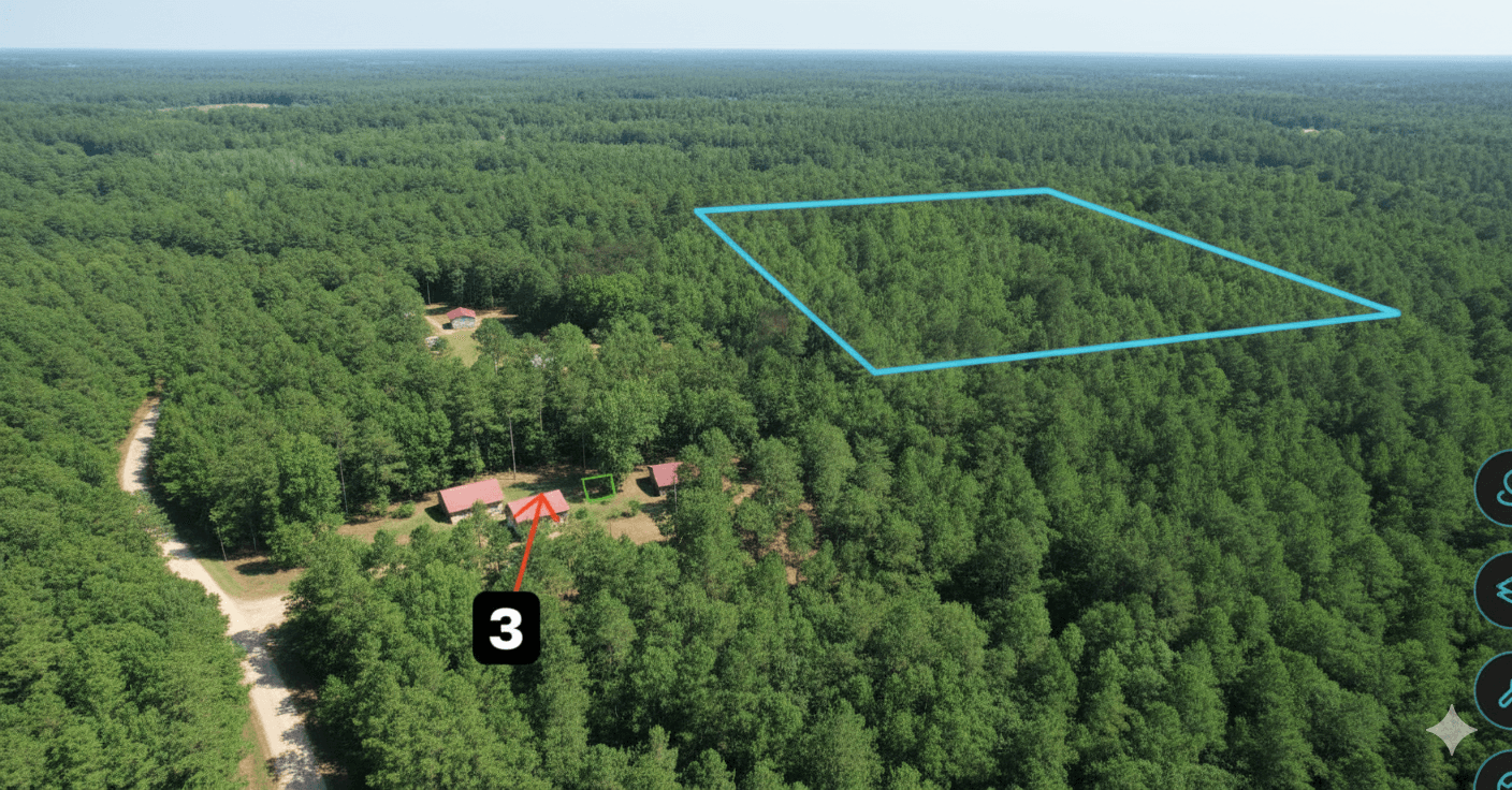 Aerial view of 89 Ashley Mae Rd showing the full 5.03-acre wooded property