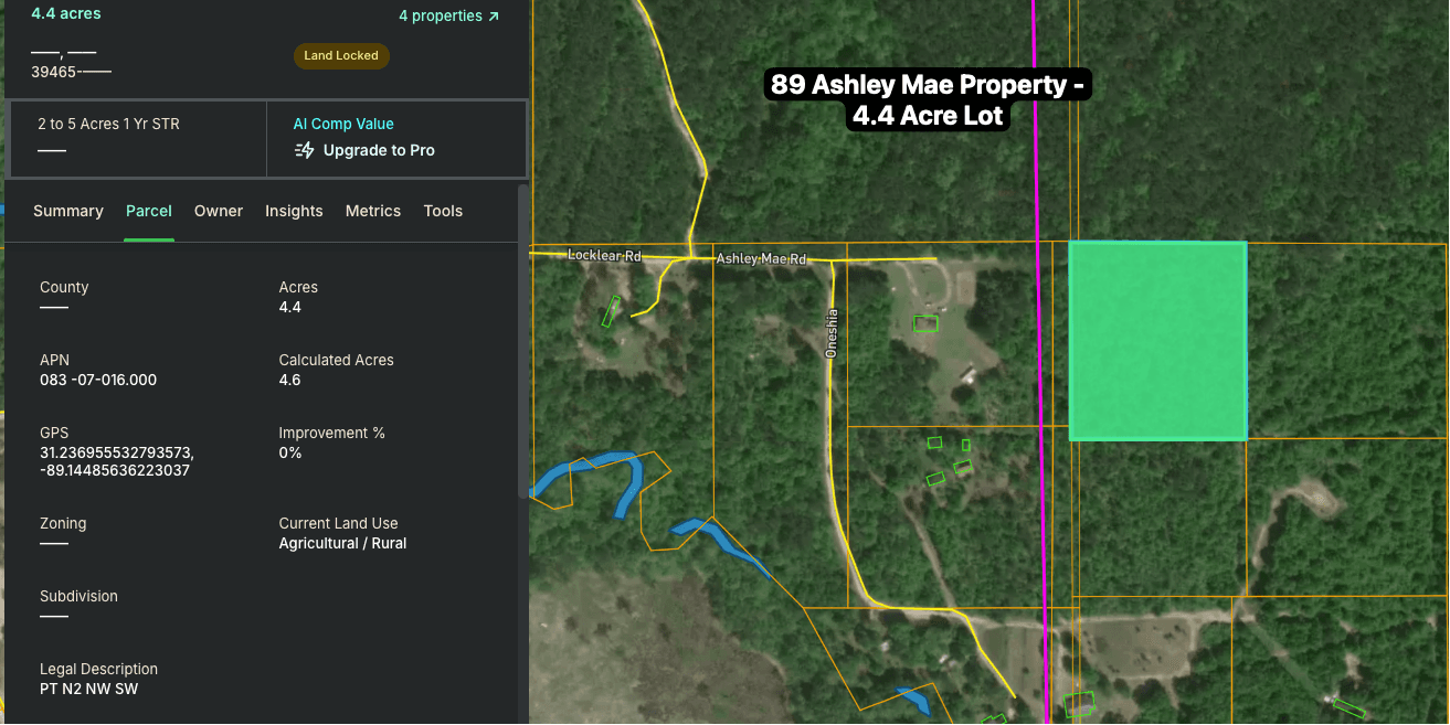 Land Insights parcel analysis showing Forrest County 0.63 acre skinny lot section