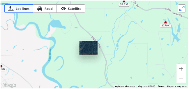 Latest aerial view with parcel lot lines for 89 Ashley Mae Rd showing 5.03 acres