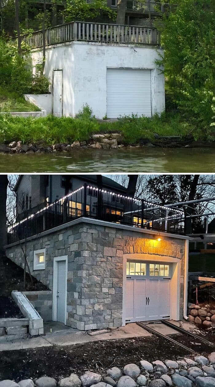 Lakefront boathouse before and after rebuild